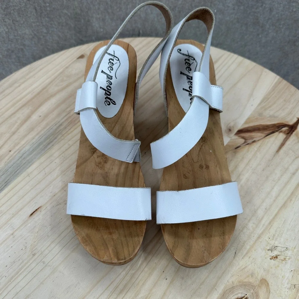 Free People Wedge Sandals Womens 10-10.5 White Leather Wood Platform Spain